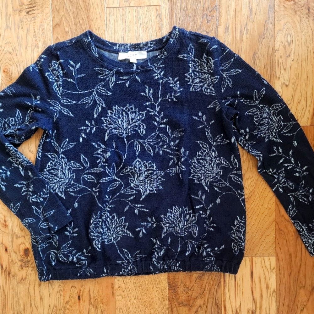 Textured sweater, small ,dark blue with white flower print